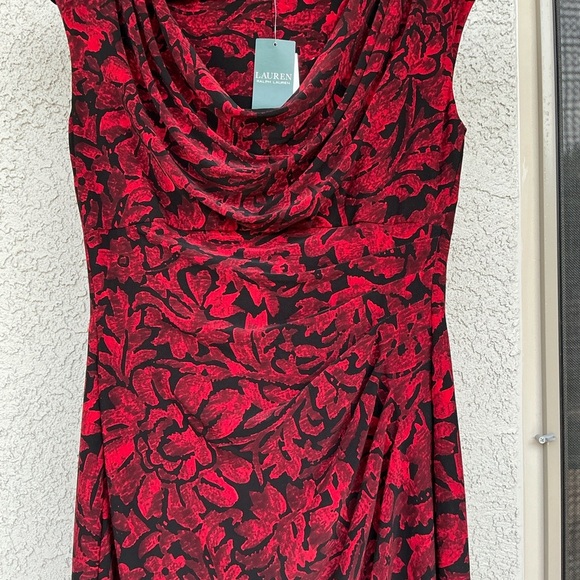 NWT Ralph Lauren Cowl Neck Jersey Sheath Floral Midi Dress Size 10 Cocktail Red - Picture 6 of 9
